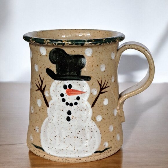 Three Rivers Pottery Snowman Mug Holiday Christmas Winter Green Spongeware - Picture 1 of 9